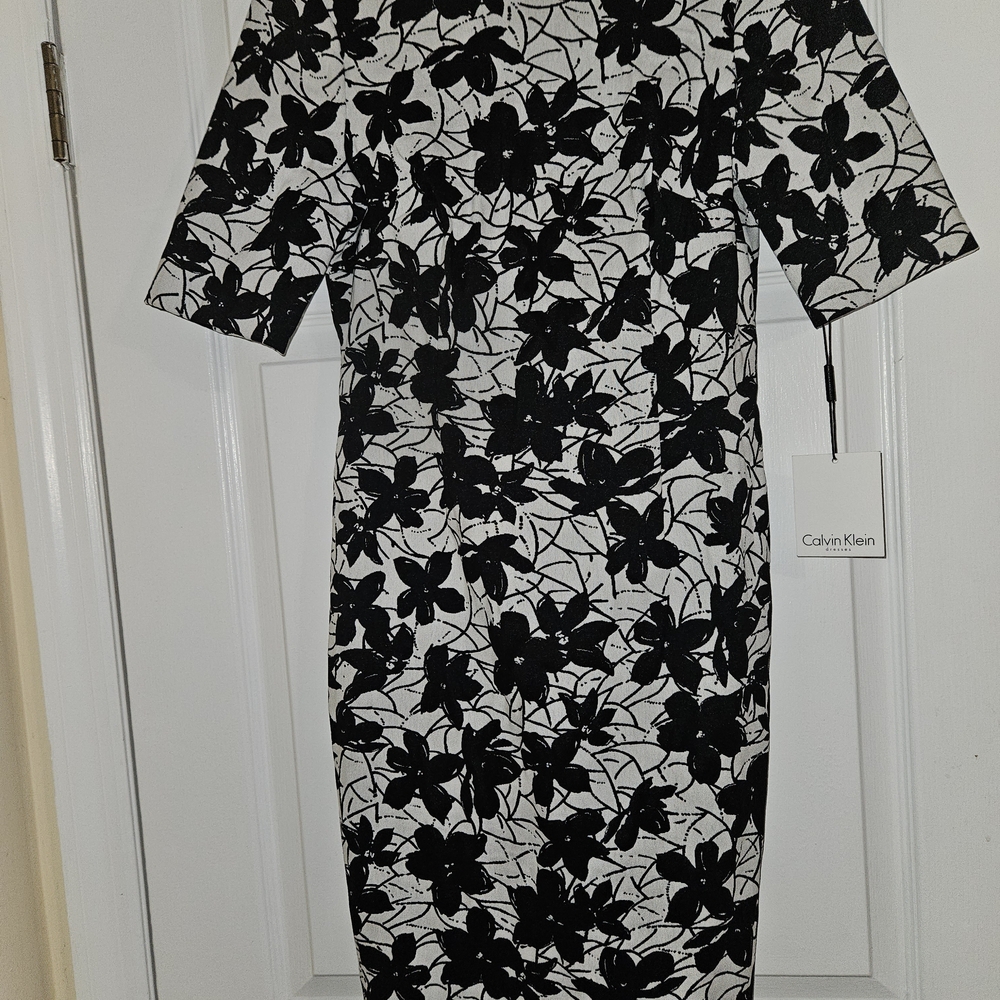 Calvin Klein Black & White Floral Midi Sheath Dress